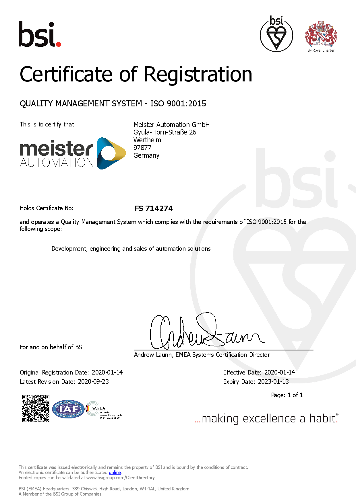 Certificate I ISO 9001:2015 Meister Automation GmbH I Wertheim am Main